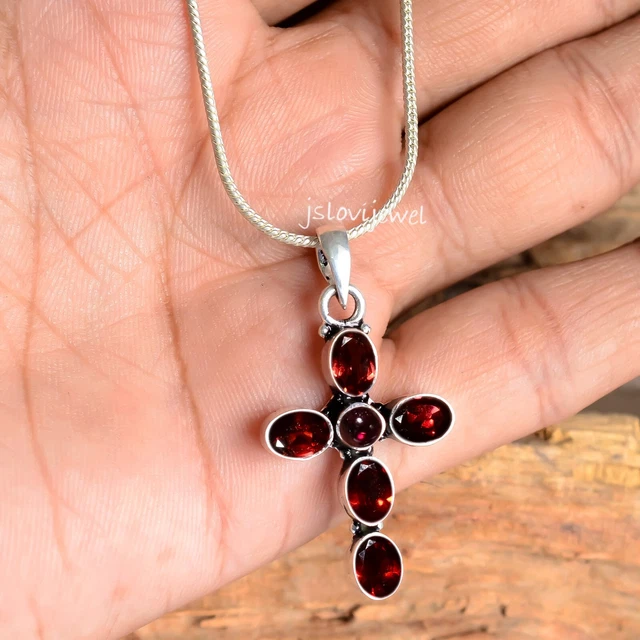 Red Garnet Faceted Gemstone Cross 925 Sterling Silver Pendant Jewelry /pg-571