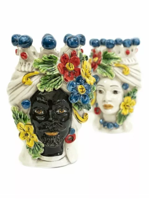 Coppia teste di moro re e regina con fiori in ceramica di Caltagirone 20 cm