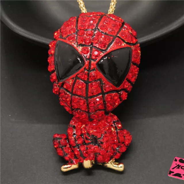 Fashion Women Cute Red Spiderman Hero Bling Crystal Pendant Chain Necklace