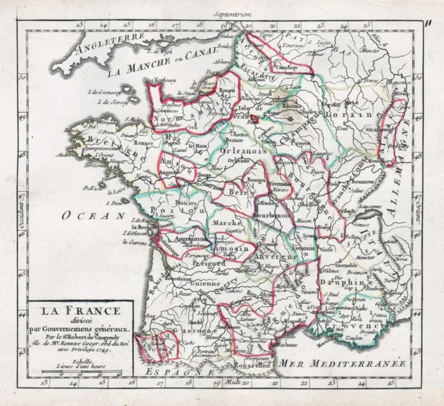 France Frankreich carte map Karte Robert de Vaugondy gravure 1749