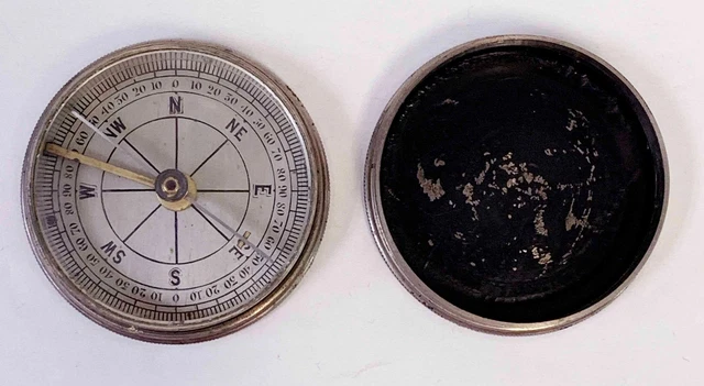 ANTIQUE POCKET COMPASS JEWELED NEEDLE NICKEL PLATED BRASS CASE c.1900 ANTIQUE POCKET COMPASS JEWELED NEEDLE NICKEL PLATED BRASS CASE c.1900
