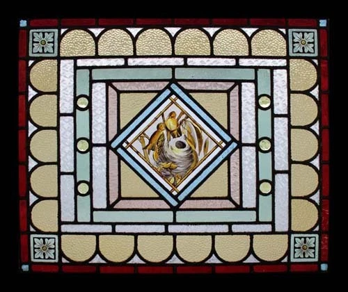 Rare Painted Nesting Birds Antique English Stained Glass Window