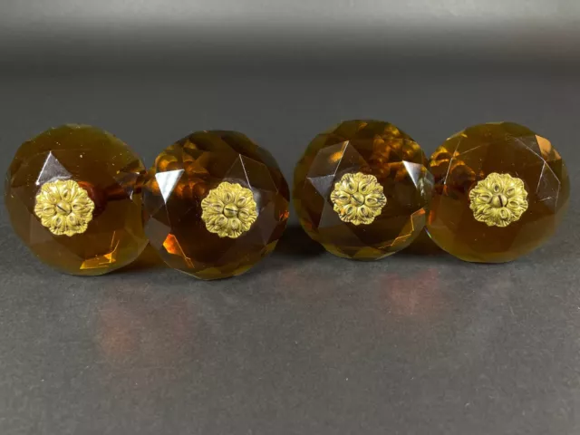 1920s Set 4 Faceted Amber Glass Jewel Knob Style Drapery Tie or Hold Backs as is