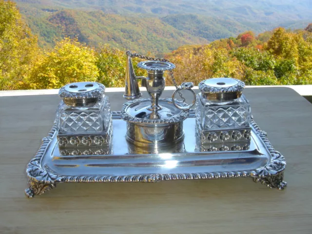 English Georgian Sterling Silver Inkwell Set Standish 1819