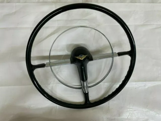 1955 1956 Chevy Steering Wheel Chrome Horn Ring Gold Bowtie Black Rim Chevrolet