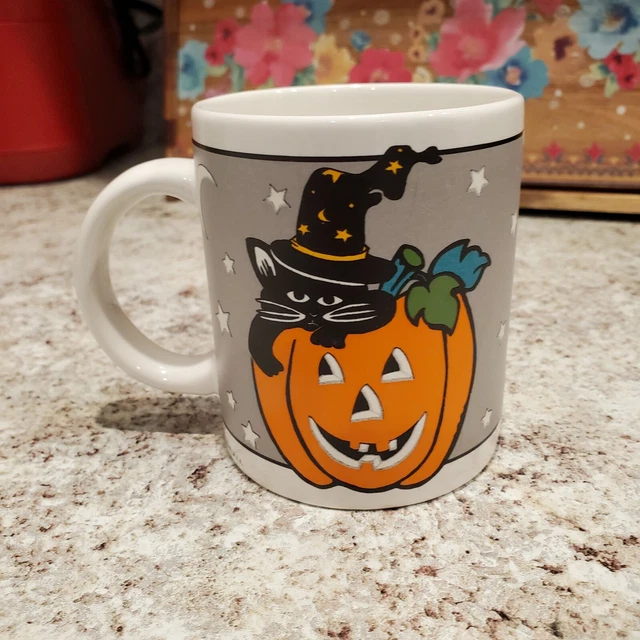 Rare Vintage J.I.I 1984 Celestial Witch Cat Ceramic Holloween Mug 8 Oz.