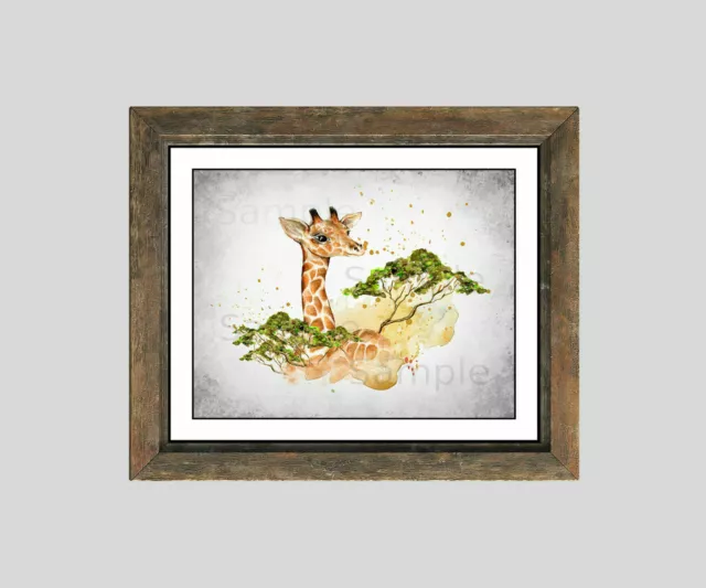 JUNGLE ANIMALS. GIRAFFE. ZEBRA Wall print. 8" x 10" Unframed. Watercolour 325gsm