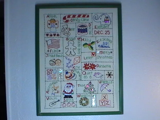 Bordado con aguja Alphabet Holiday sampler punta de cruz década de 1970 19,5 x 15,5