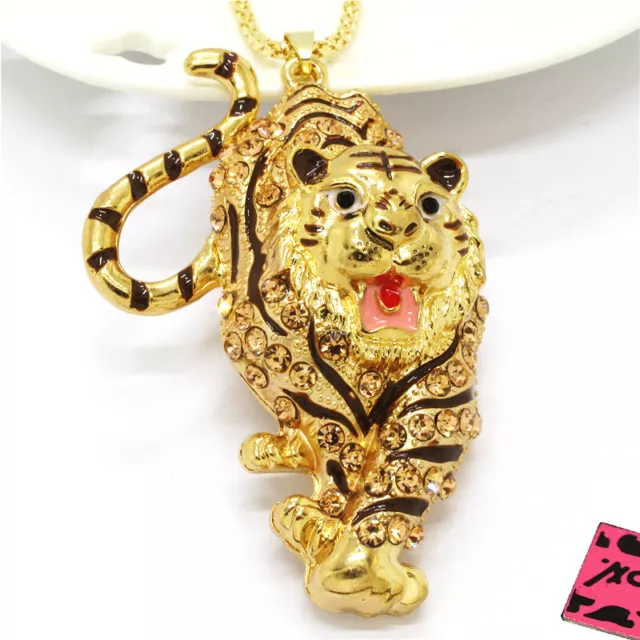 Betsey Johnson Rhinestone Bling Yellow Tiger Crystal Pendant Chain Necklace