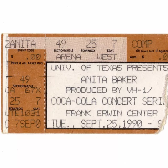 ANITA BAKER Concert Ticket Stub AUSTIN TX 5/25/90 FRANK ERWIN COMPOSITIONS TOUR