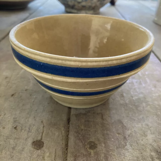 Antique Primitive Yellow Ware Bowl Blue Stripes Small