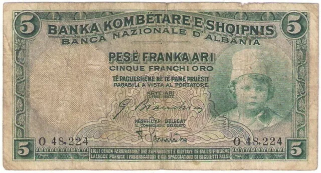 Albania banknote - 5 pese franka ari - year 1930 - child - free shipping