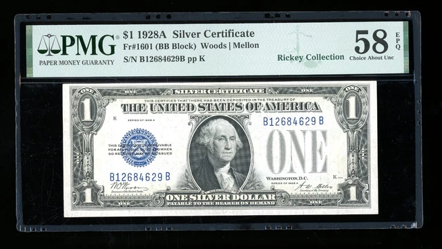 DBR 1928-A $1 Silver Funnyback Fr. 1601 BB Block PMG 58 EPQ Serial B12684629B