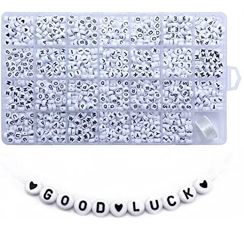 1400 Pieces Alphabet Letter Beads A-Z Heart Pattern Roundjewelry Making White