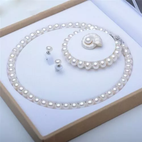 Juego de Perlas de 8-9 mm 100% Natural Conjunto de Plata 925 ¡Joyería Fina! Perlas