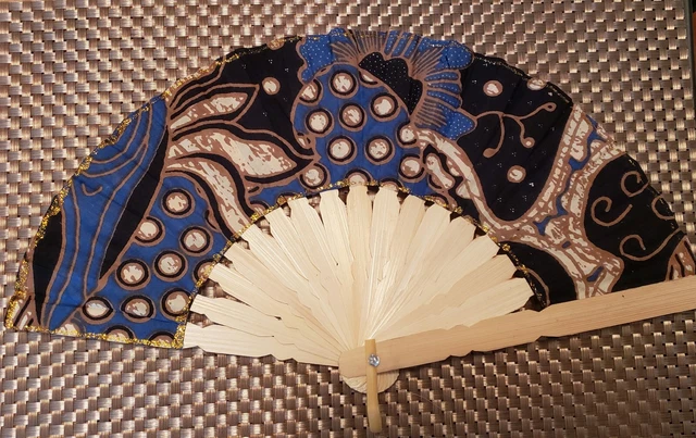 FAN, Balinese FLORAL, HANDMADE, Fabric, Bamboo, Multi, BLUE multi, 9.5" x 16"