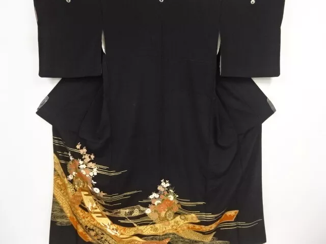 86329# Japanese Kimono / Antique Tomesode / Embroidery / Floral Cart & Obi