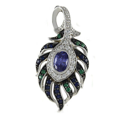 Peacock Feather Pendant 14K White Gold Plated 1 4/5 CT Simulated Oval Tanzanite