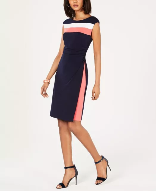 Connected Women's Sleeveless Tri-Tone Sheath Dress Blue Size 14