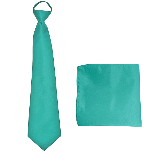 New Polyester Men's ready knot pre tied neck tie & hankie solid formal aqua blue