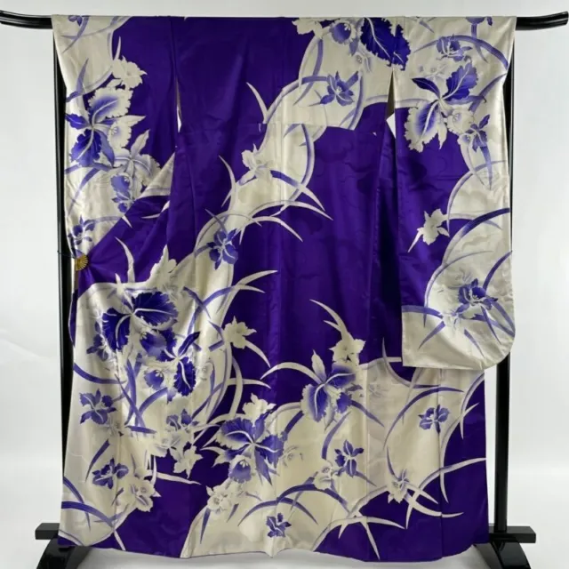 Japanese Kimono Furisode Pure Silk Flowers Gold Paint Purple Lined Kimono