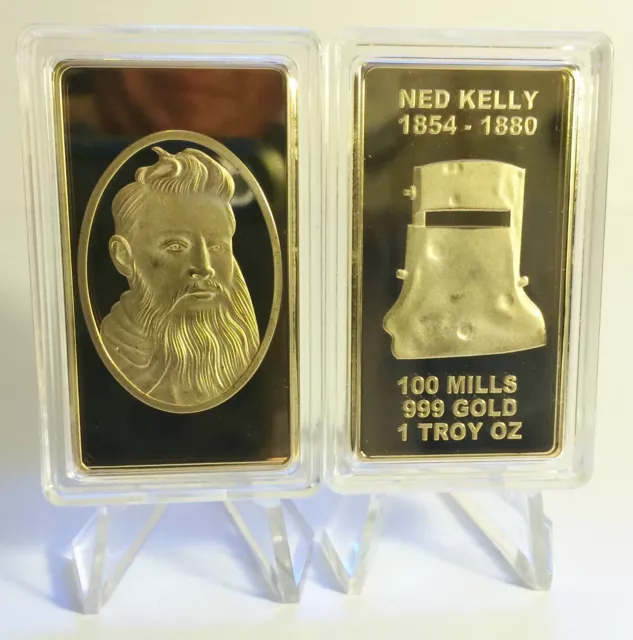 NED KELLY "UNDER THE MASK" 1 Oz INGOT FINISHED IN 999 24k GOLD, O/LAW, GLENROWAN