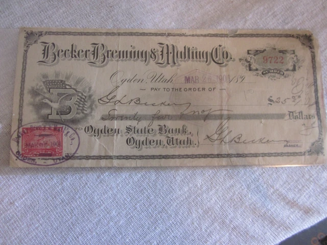 1901 Rare Becker Brewing & Malt Co. Check Ogden Utah With 2 cent Stamp-Signed