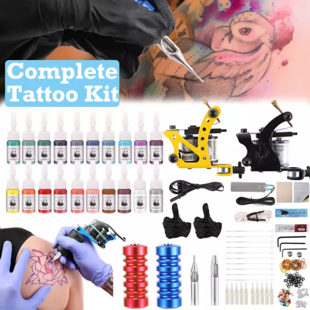 Beginner Tattoo Kit Set 2 Machine Gun Color Ink Power Supply Needle Grip  Tip Box