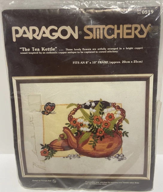 PARAGON Stitchery Copper Tea Kettle Orange Floral Crewel Embroidery Kit VTG 8x10