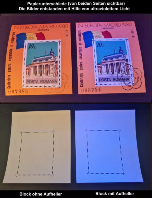 Romania 1980 Mi.Block 174 x2 @ ESST with and without brightener, KSZE Madrid, flag
