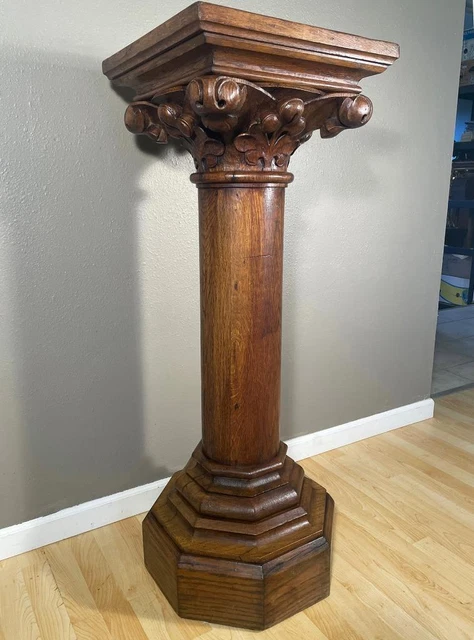 47" Massive Antique French Gothic Revival Oak Wood Display Pedestal/Plant Stand