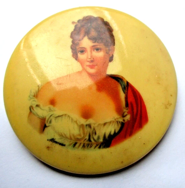 Broche Ronde Vintage Camée Celluloïd Portrait Femme XVIIIe Siècle - Bijou Ancien Fantaisie, Occasion Bon état
