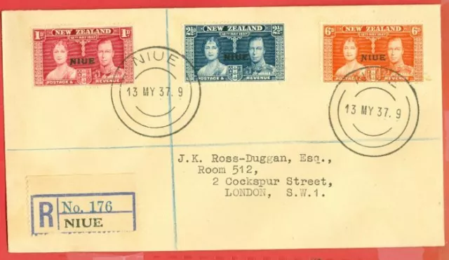 New Zealand Opt NIUE KGVI Coronation set on 2nd Day Registered cover to UK 1937