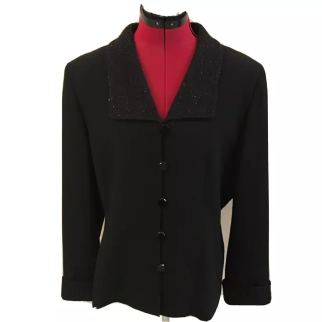 Kasper ASL Blazer Women’s Size 14 Black Long Sleeve Front Button Metallic Accent