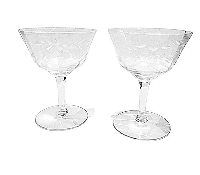 VINTAGE CHAMPAGNE GLASSES 1940's Etched Floral Cocktail Coupes Sherbets