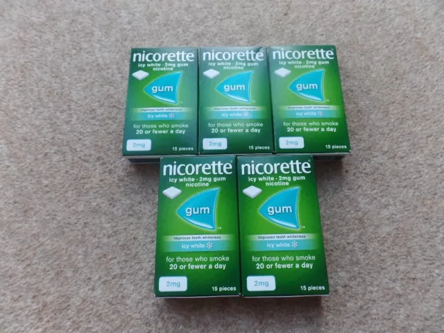 5x Packs  Nicorette 2mg Gum(Icy White)15 Pieces x5 =75 Pieces - Exp date 03.2025