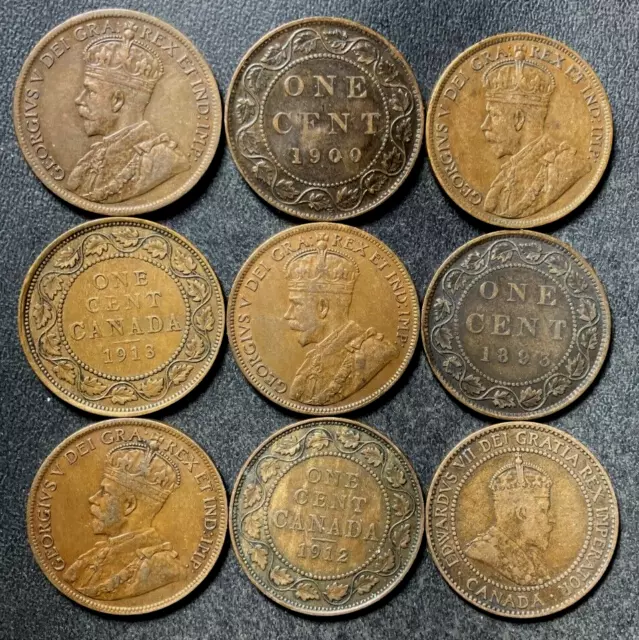 Old Canada Coin Lot - 1893-1920 - 9 EXCELLENT LARGE CENTS - Lot #J4