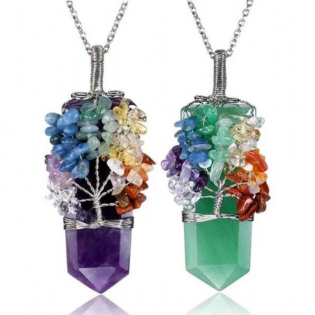 Natural Chakra Stone Tree of Life Healing Crystal Sword Facted Pendant Necklace