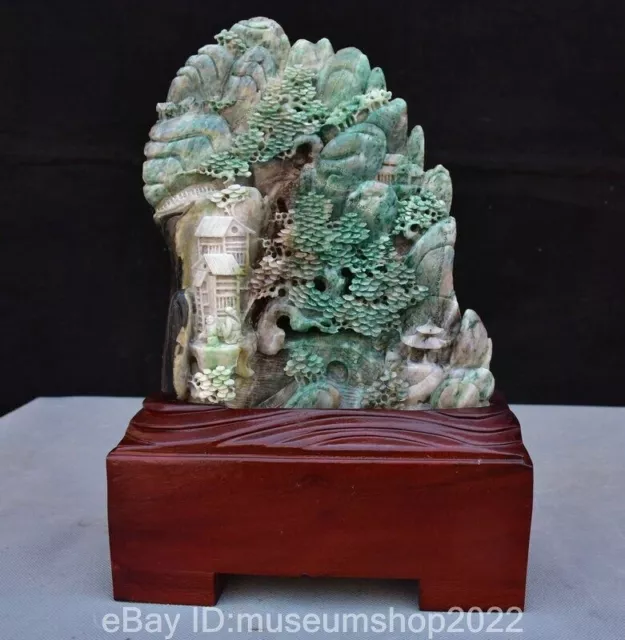 12.2" Chinese Natural Dushan Jade Carved Mountain Tree Pavilion Statue Sculpture