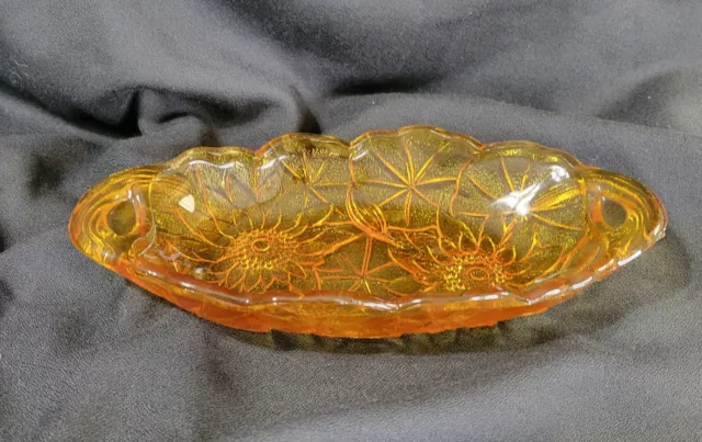 Indiana Glass Amber Lily Pons Pickle Relish Dish Handled Oval Bowl