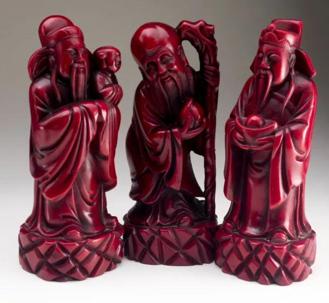 3 Chinese Figurines 'The Lucky Immortals' Fuk Luk & Sau, FengShui Figures Red