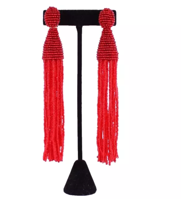 OSCAR DE LA RENTA Crimson Red Beaded Tassel Clip-On Earrings