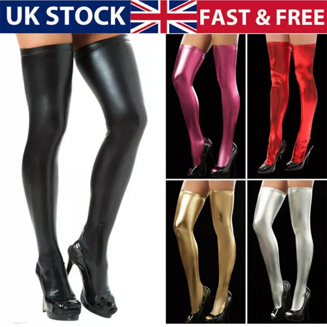 Women Shiny Latex PVC Leather Long Socks Thigh-High Stockings Wet Look Hold ups