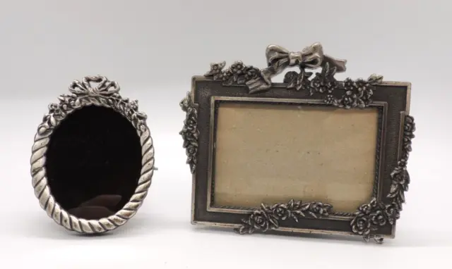 Vintage Lot of 2 Mini Pewter Picture Photo Frame Roses Floral Ornate Small