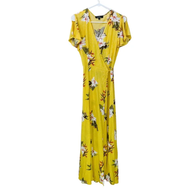 Lulu's Size Heart of Marigold Yellow Floral Wrap Maxi Rayon Dress