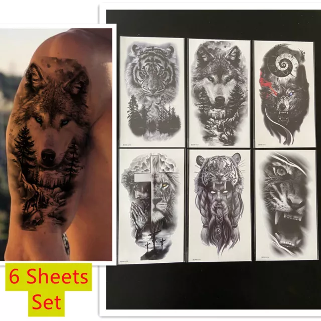 6 X Temporary Fake Tattoo Stickers Animal Tiger Wolf Waterproof Arm Body Art