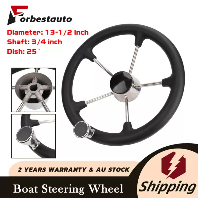 35cm 5-Spoke Marine Boat Steering Wheel Stainless Steel w/ Black PU Grip w/ Knob