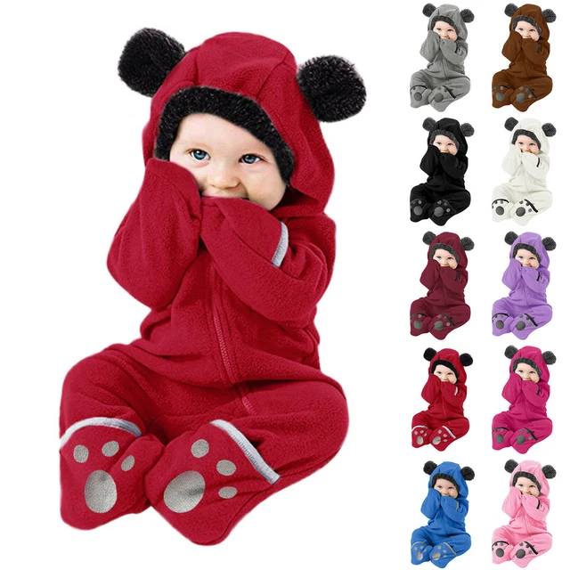 Newborn Baby Boy Girl Kid Fleece Hooded Romper Jumpsuit Bodysuit Clothes Outfit1