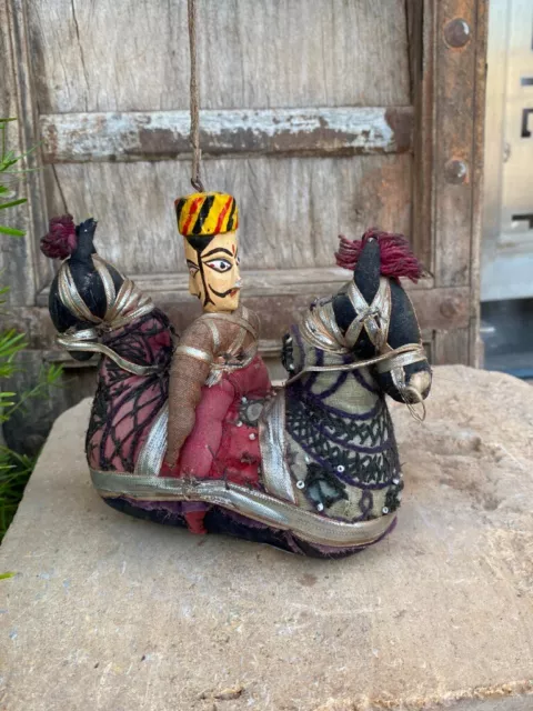 Ancient Old  Cloth Wooden Hand Made 2 Side Horse Man Figure Doll Puppets