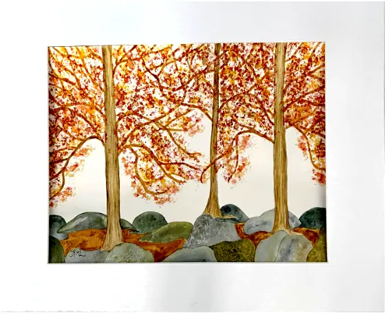 Painting Watercolor Art Trees Autumn Landscape 11X14 Red Orange Yellow 16X20 Mat